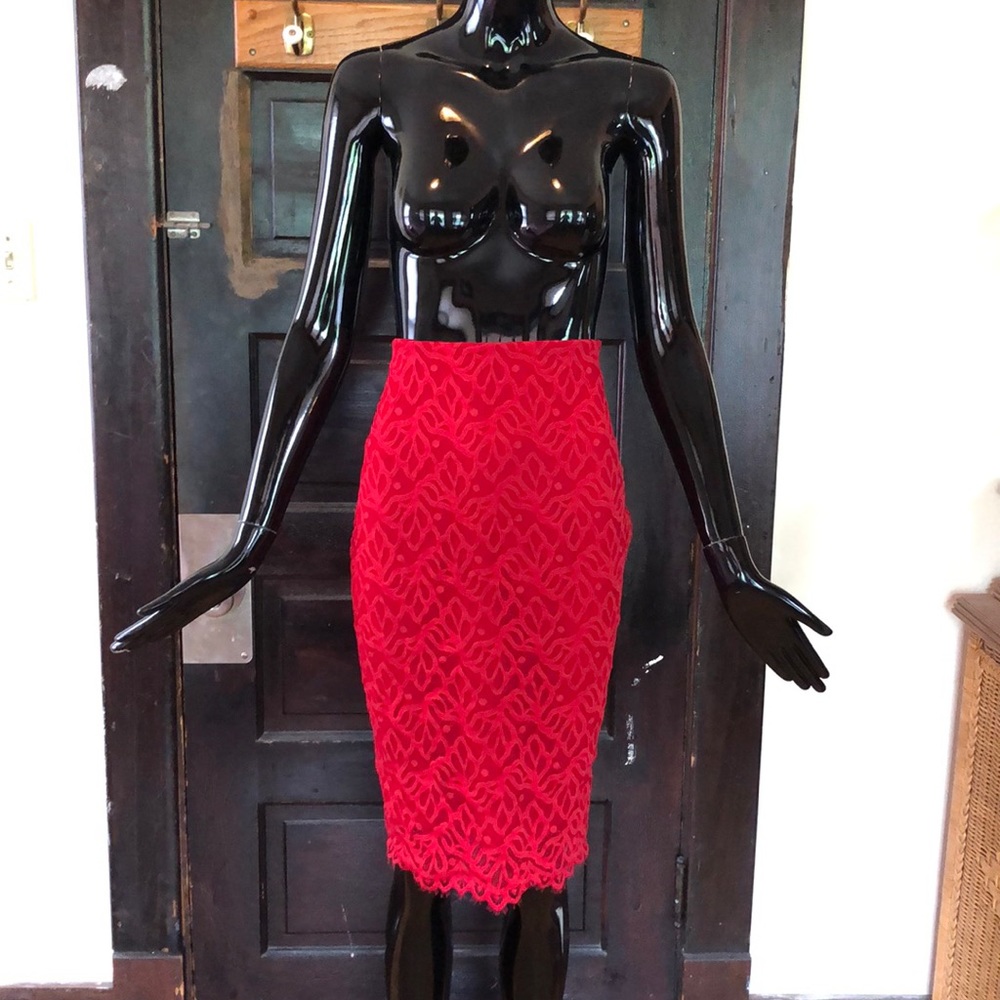 Red pencil skirt with lace overlay